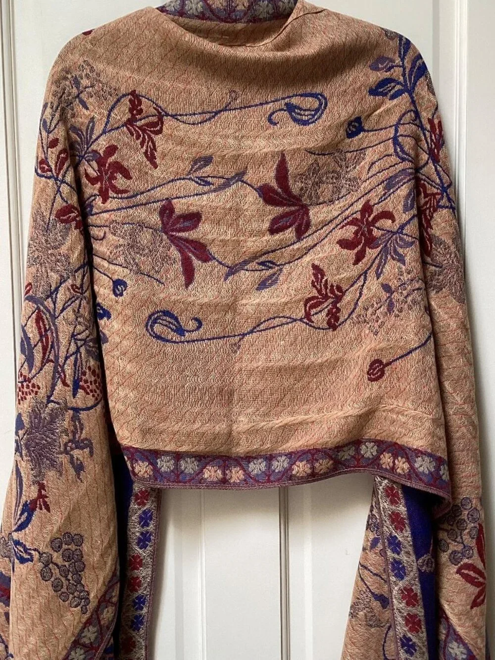 Blue and tan reversible floral shawl, wrap, scarf - 78